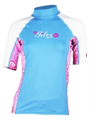 Tilos Women's 6oz Anti-UV Rash Guard S-S - Floral Blue and White
